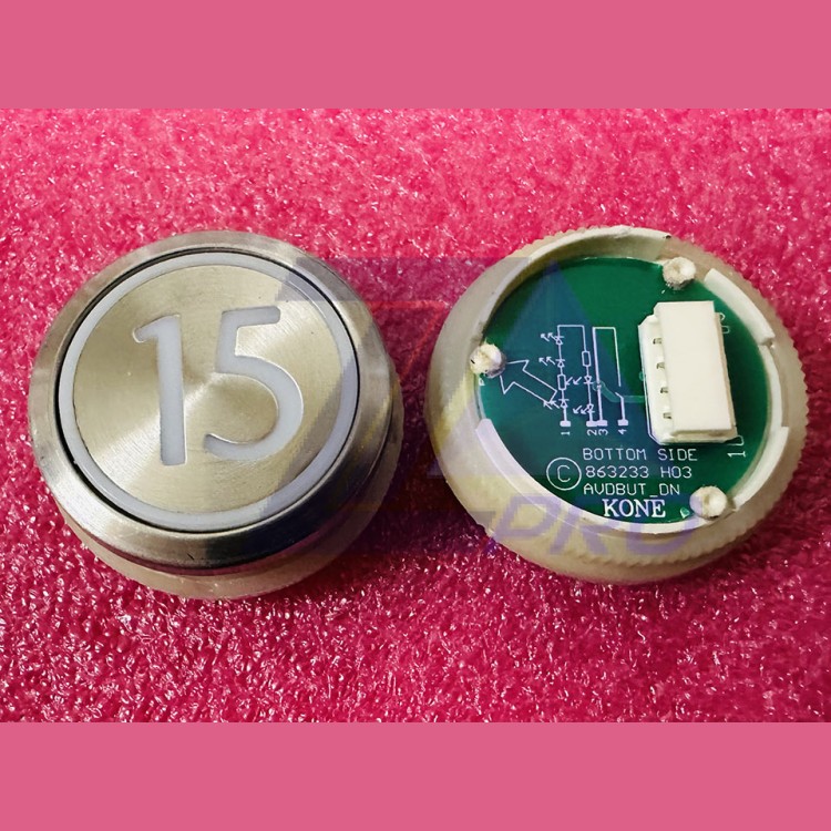 Кнопка приказа "15" круглая, серебристая поверхность, AVDBUT, красная подсветка, KM863050G005H015 Kone