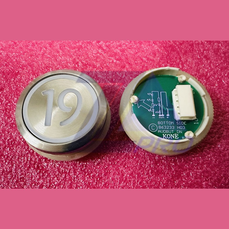 Кнопка приказа "19" круглая, серебристая поверхность, AVDBUT, красная подсветка, KM863050G005H019 Kone