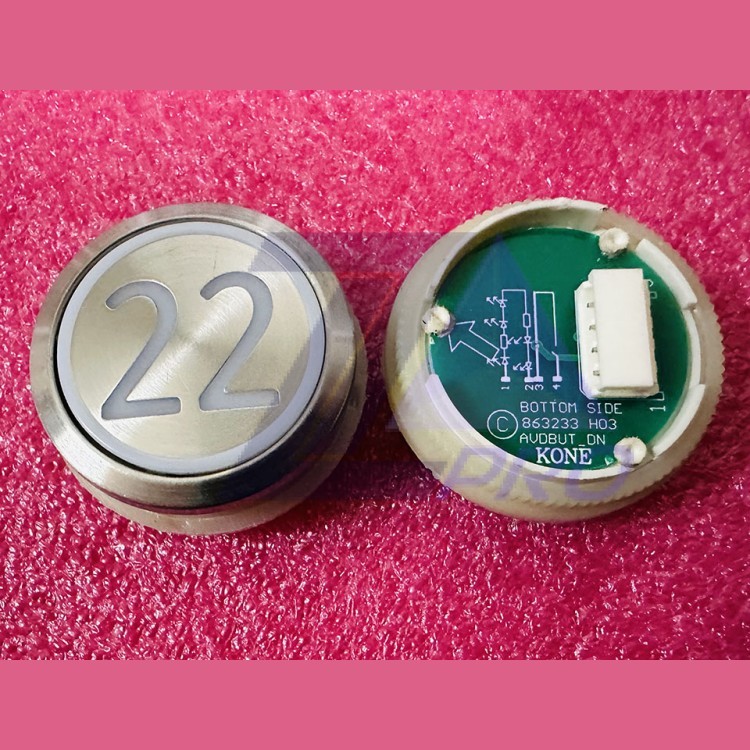 Кнопка приказа "22" круглая, серебристая поверхность, AVDBUT, красная подсветка, KM863050G005H022 Kone